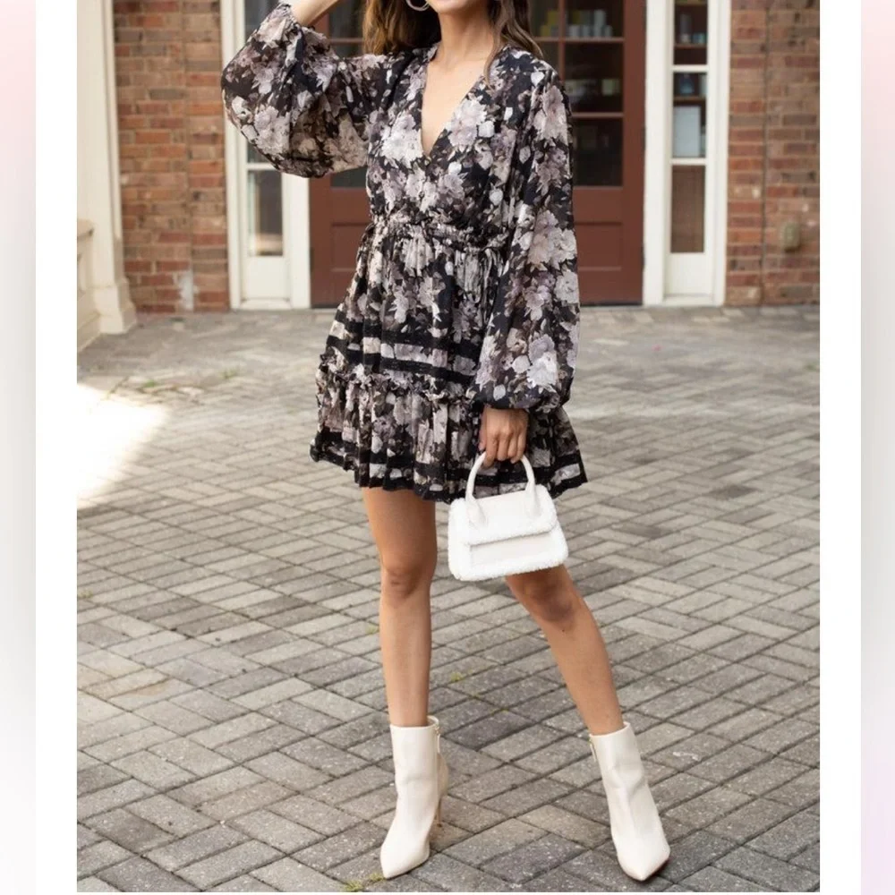 En Saison Babydoll Dress Rena Floral Print Boho Long sleeves Mini Chiffon 1X